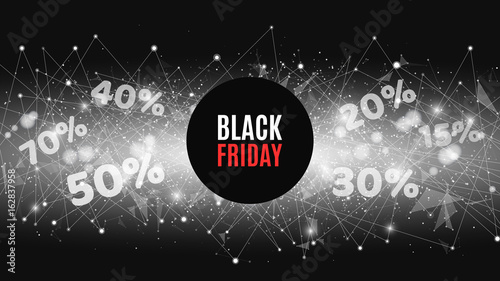 Big sale is a black Friday. Abstract futuristic background with banner. Great discounts. Connection of triangles and dots. A glowing web