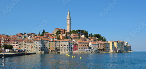 Rovinj old town peninsular with the Church of St. Euphemia on the Adriatic Coast Line Istria Croatia.