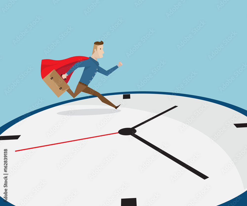 businessman with red cape running on clock