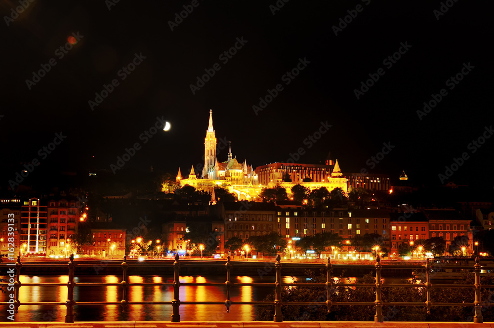 Budapest, Hungary - river Danube, church of St. Matthias and Fisherman's Bastion at night
