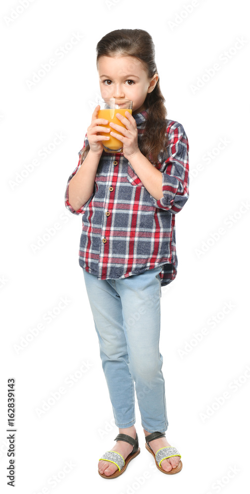 Cute little girl drinking juice on white background Cute little girl drinking juice on white background