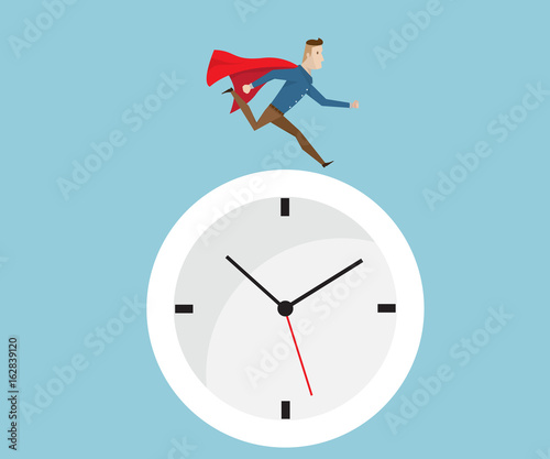 businessman with red cape running on clock