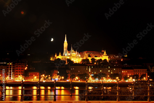 Budapest, Hungary - river Danube, church of St. Matthias and Fisherman's Bastion at night