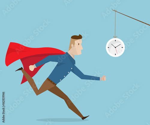 businessman with red cape running follow clock