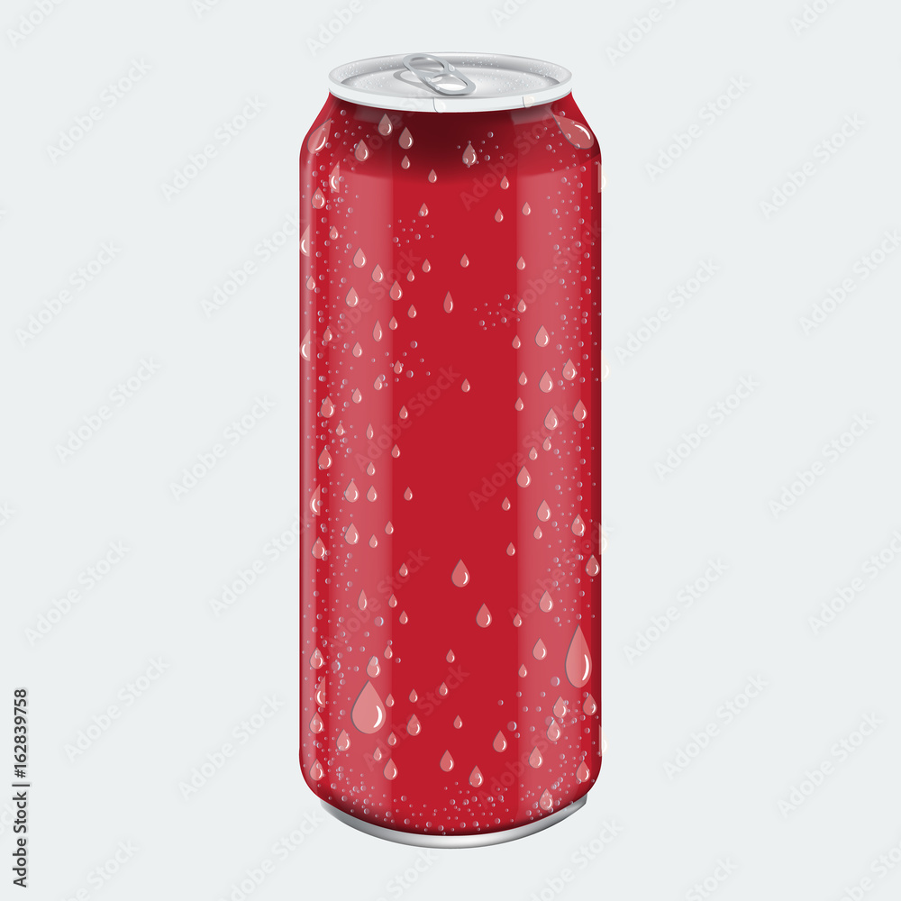 Fototapeta premium Red Metal Aluminum Beverage Drink with water drops. Mockup for Product Packaging. Energetic Drink Can 500ml, 0,5L.