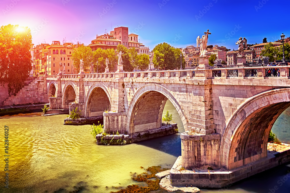 Rome Angels Castle Bridge. River Tiber near Vatican. Rome, Italy