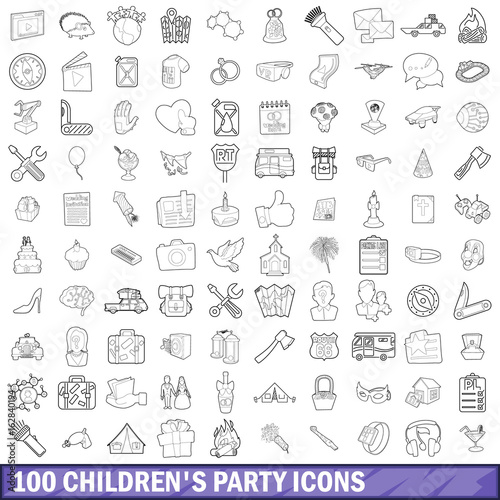 100 children party icons set, outline style