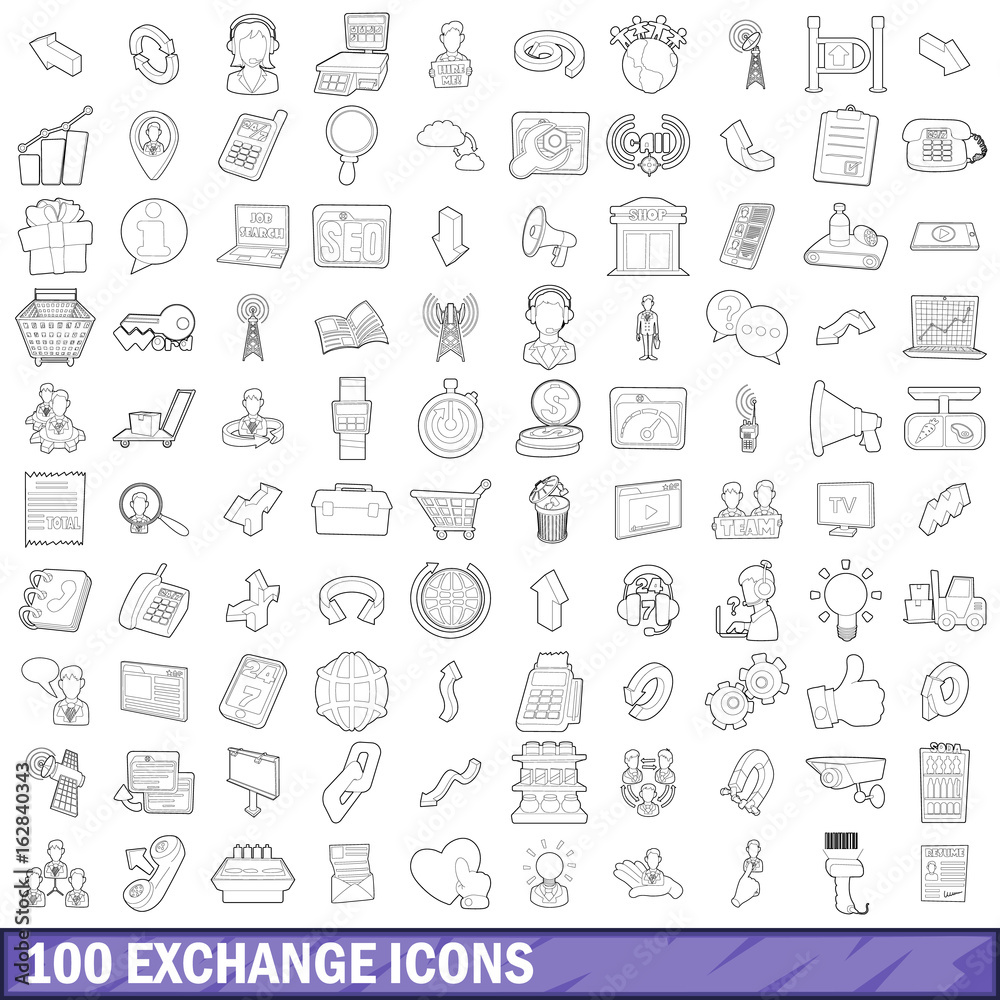 100 exchange icons set, outline style 100 exchange icons set, outline style