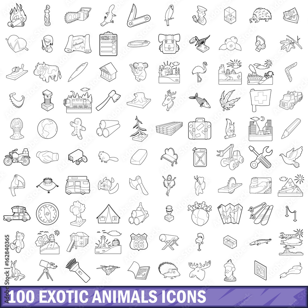100 exotic animals icons set, outline style 100 exotic animals icons set, outline style