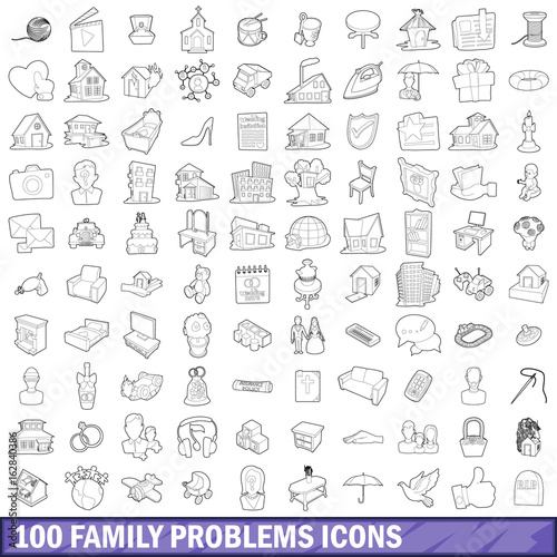 100 family problems icons set, outline style