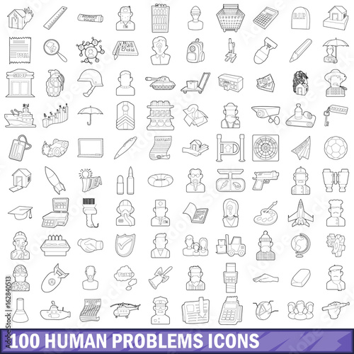 100 human problems icons set, outline style