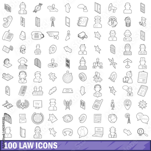 100 law icons set  outline style