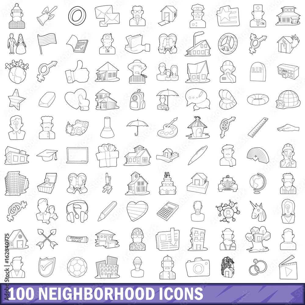 100 neighborhood icons set, outline style