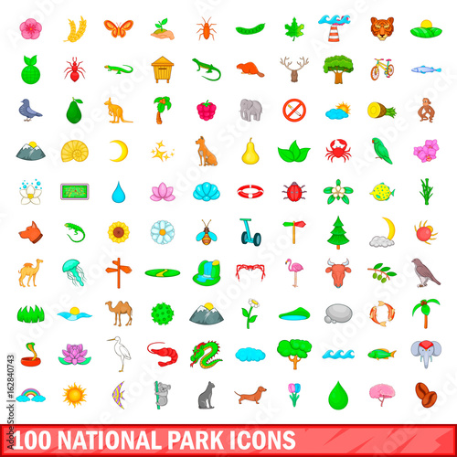 100 national park icons set, cartoon style