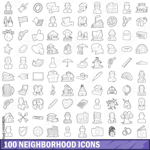 100 neighborhood icons set, outline style