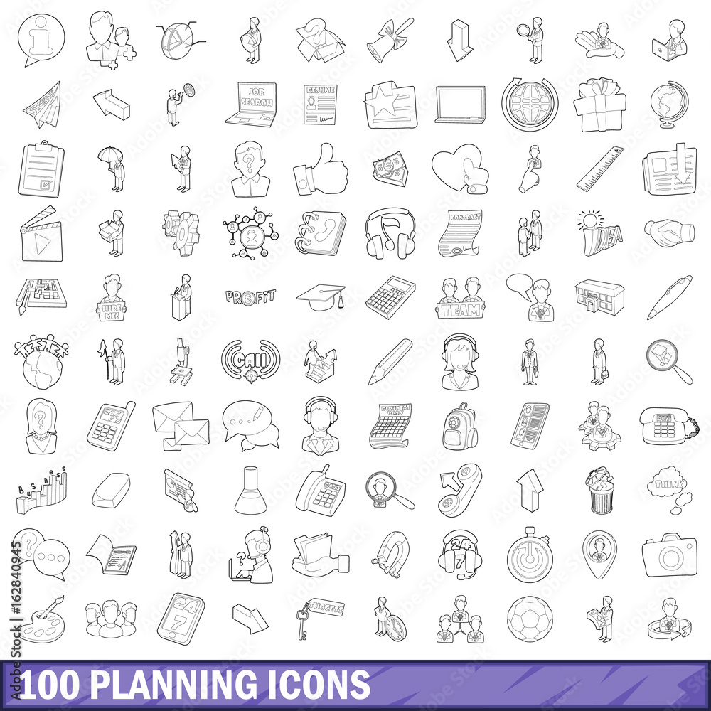 100 planning icons set, outline style 100 planning icons set, outline style