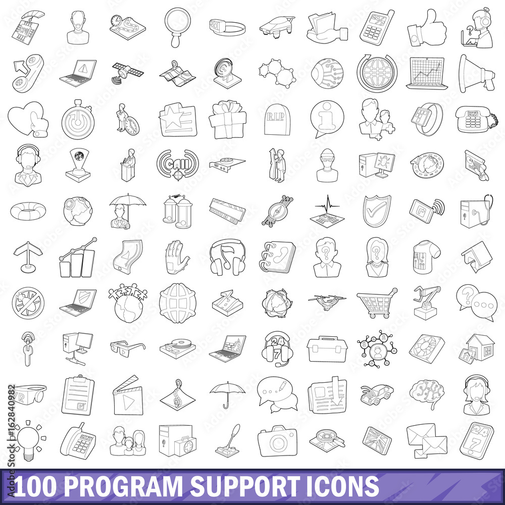 100 program support icons set, outline style