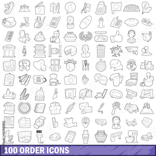 100 order icons set, outline style