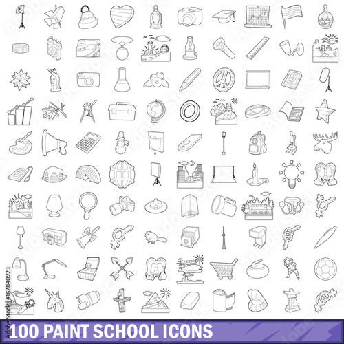 100 paint school icons set  outline style