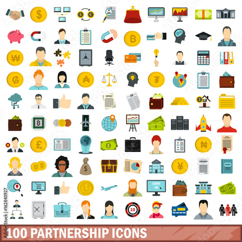 100 partnership icons set, flat style