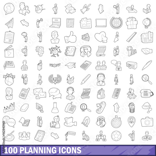 100 planning icons set  outline style