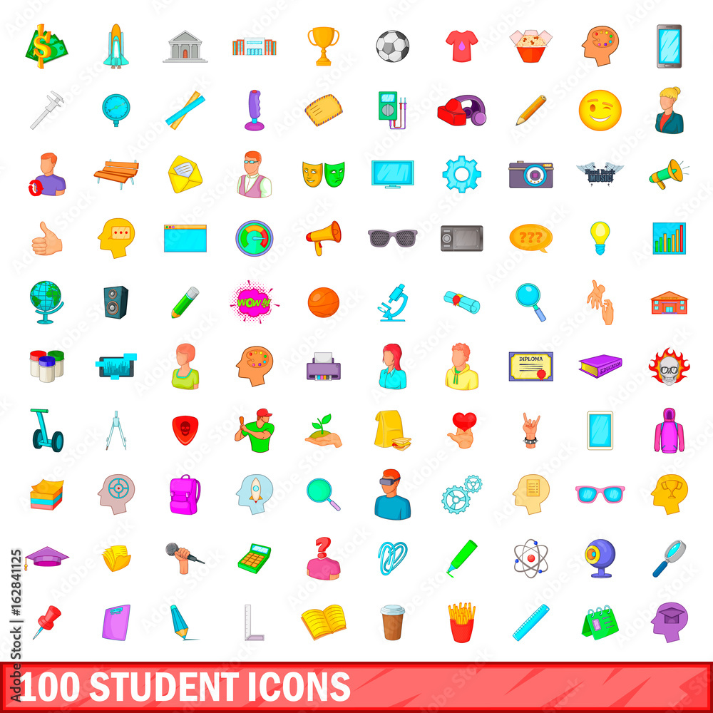 100 student icons set, cartoon style