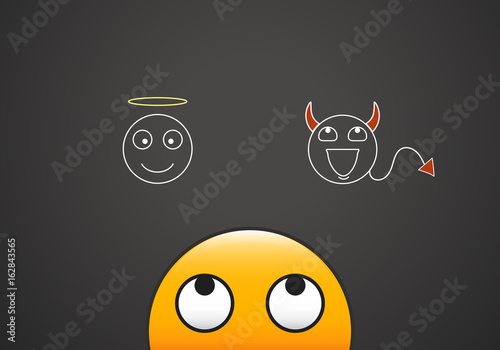 Emoticon looking at his good and bad conscience represented by an angel a demon. Vector illustration