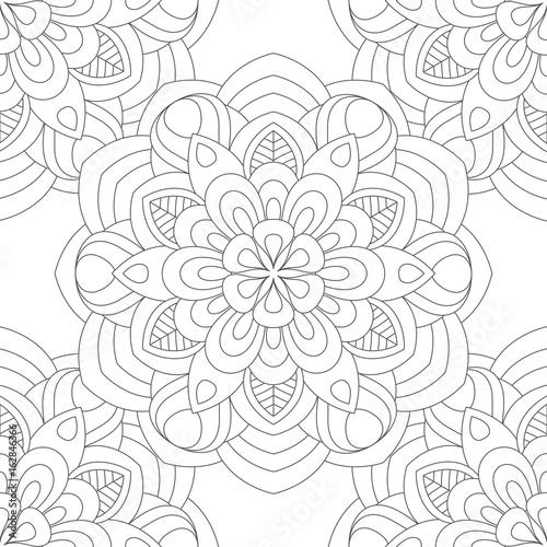 Fototapeta Naklejka Na Ścianę i Meble -  Doodles mandala seamless pattern. Adult coloring page. Black and white floral elements. Repeat pattern background. Hand drawn vector illustration.
