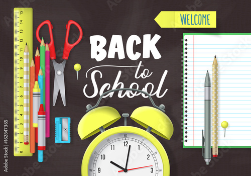 Back to school banner design with lettering, school supplies and chalkboard background. Flat lay style