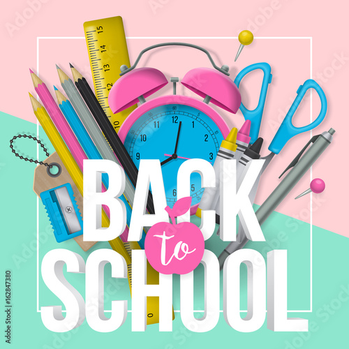 Obraz na plátně Back to school banner design with lettering and school supplies
