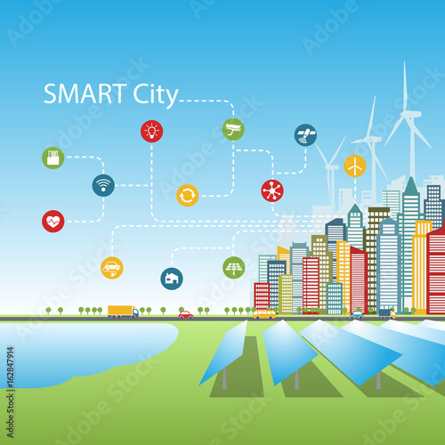 Smart cities with advanced intelligent services, augmented reality, social networks, Internet of things, consume alternative energy sources, background, place for text