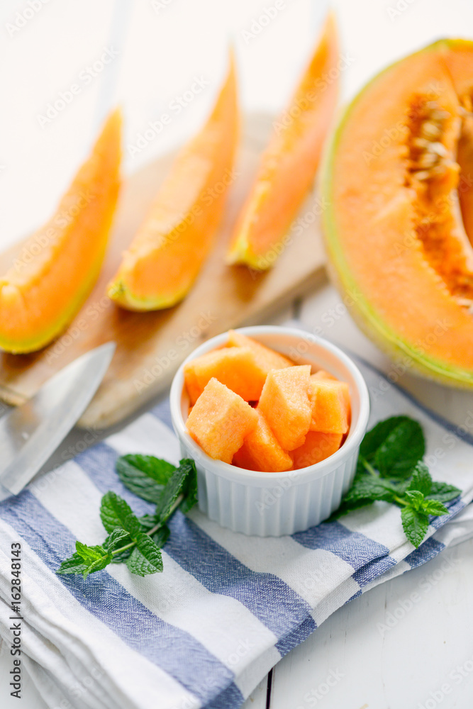 cantaloupe melon on the wooden table