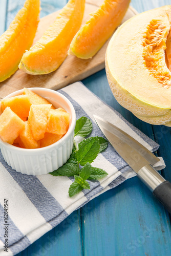 cantaloupe melon on the wooden table