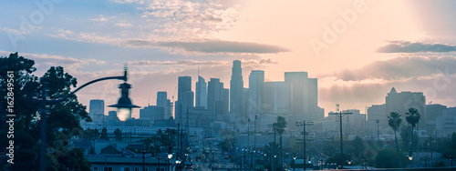 Spectacular urban panoramic skyline view of downtown Los Angeles at sunset from 5 freeway, California, USA