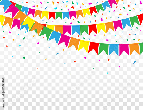Web Banner with Garland of Colour Flags and Confetti on Transparent Background. Vector Illustration. Flat Style.