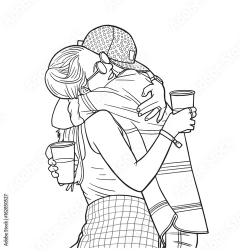 Illustration of young couple hugging and holding plastic beer cups