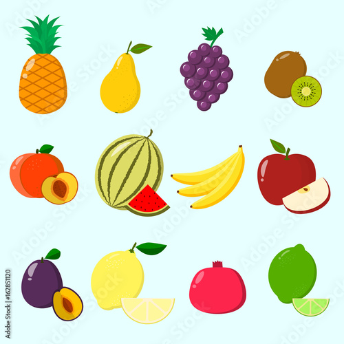 Fruit juicy and ripe collected in a set of icons.   Fruits, a set of icons.