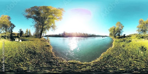 360 VR Virtual Reality of a river flows over rocks in this beautiful scene in the Altai mountains forest in autumn or summer day. Original sound.