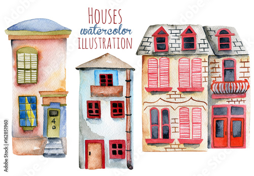Set of watercolor english houses, hand painted isolated on a white background