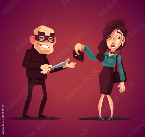 Angry bad thief man character robs frightened woman at knife. Vector flat cartoon illustration