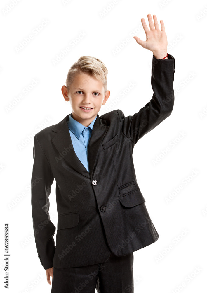handsome Schoolboy with raised palm
