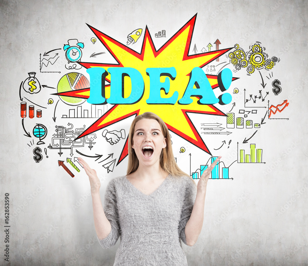 Happy blond woman screaming, idea concrete Happy blond woman screaming, idea concrete