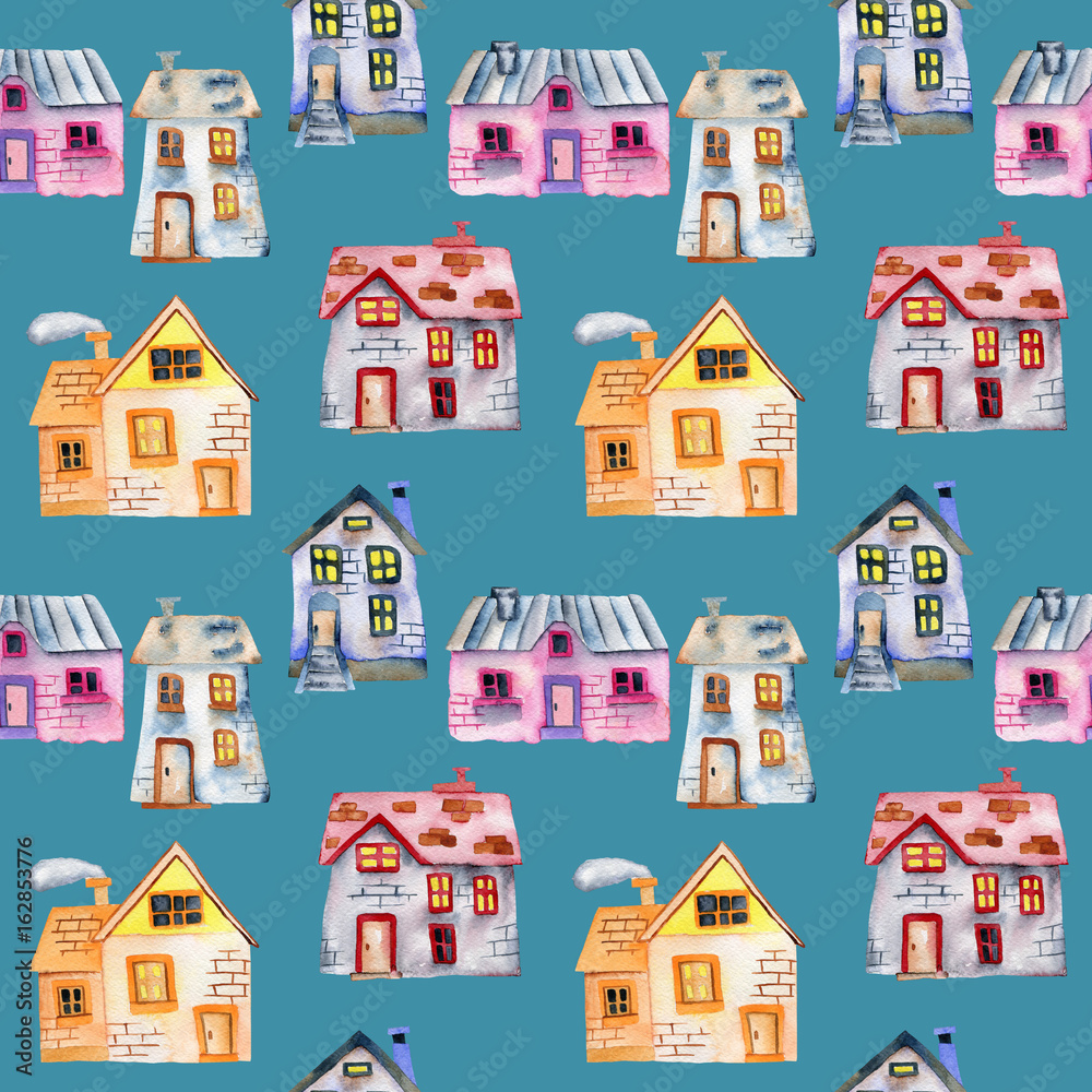 Seamless pattern with watercolor cartoon private houses, hand painted isolated on a bright blue background