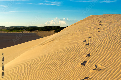 Footprints on a white sand dunes desert