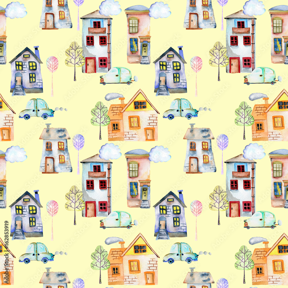 Seamless pattern with cute cartoon watercolor english houses, cars, trees and clouds, hand painted  on a yellow background