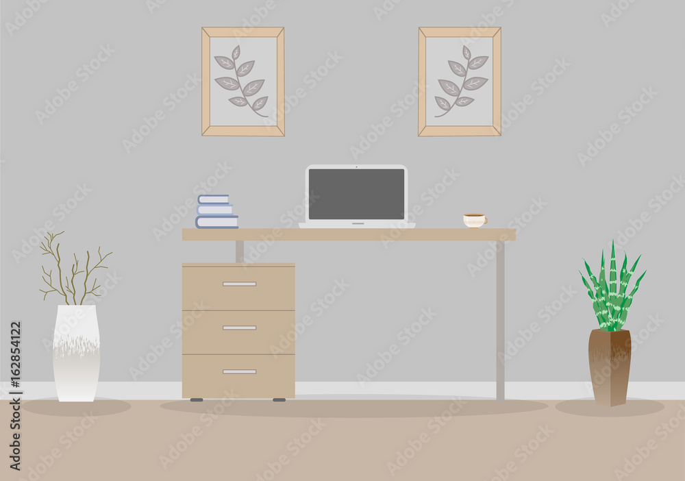 Office in loft style on a gray background. Vector illustration. Table with drawers,decorative branches and a succulent in the beautiful vases floor, cute paintings. Cup with coffee, laptop, books Office in loft style on a gray background. Vector illustration. Table with drawers,decorative branches and a succulent in the beautiful vases floor, cute paintings. Cup with coffee, laptop, books