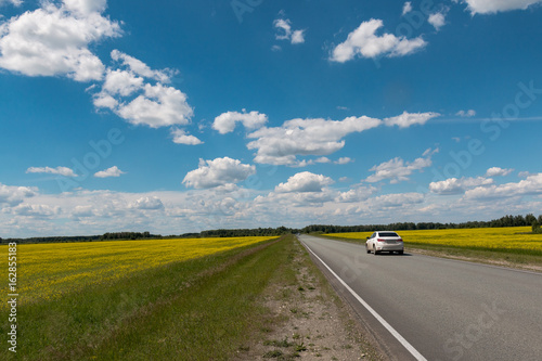 Motorway behind which the blue sky with clouds over the field with yellow flowers