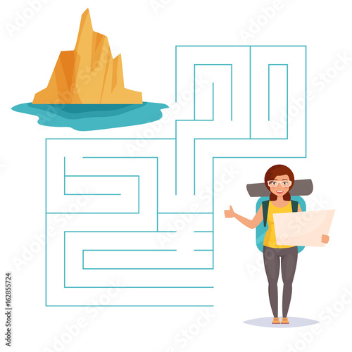 Maze game. Woman with backpack,