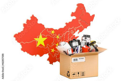 Production, shopping and delivery of household appliances from China concept, 3D rendering photo