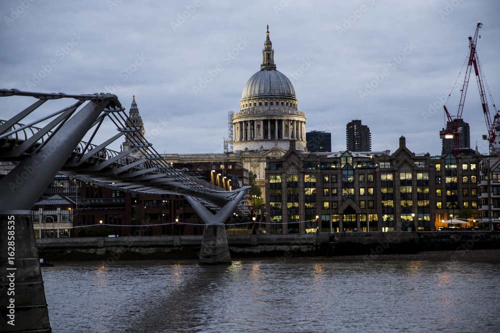 Millennium bridge and St Paul Cathedral at evening